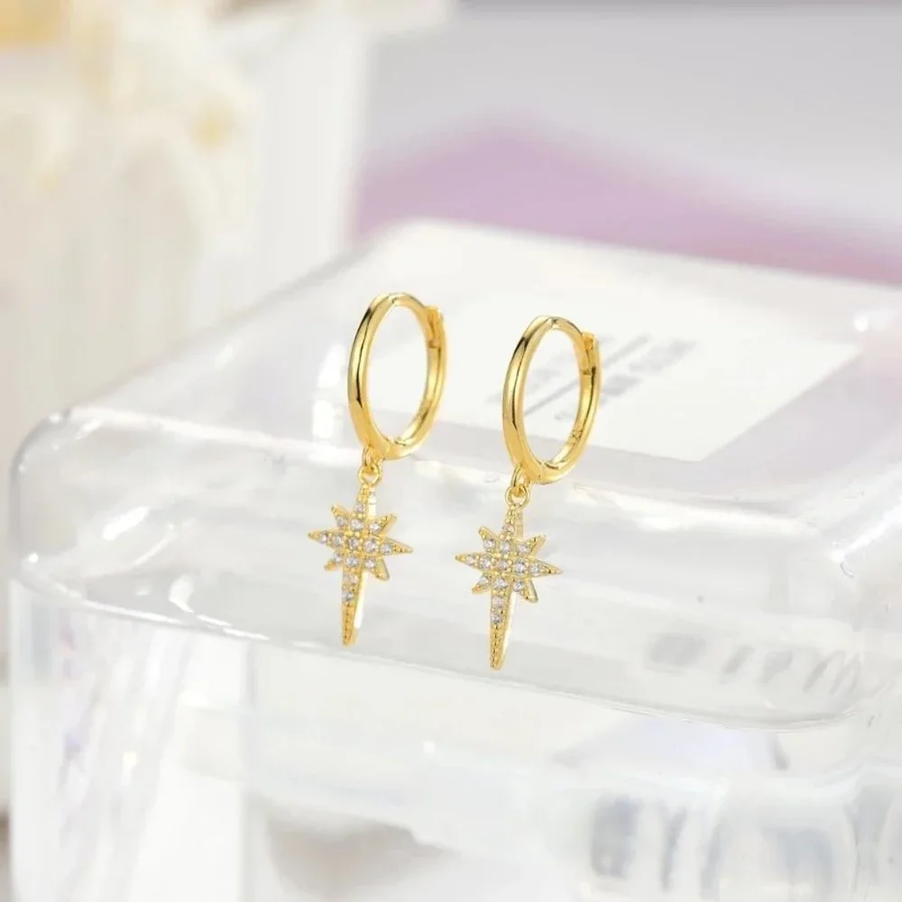 14k Gold Star Diamonds Huggie Hoop Earrings Sterling Silver - Picture 4 of 9